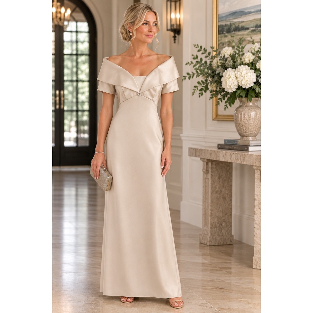 Cachet Vintage Champagne Gold Off Shoulder Evening Gown Rhinestone Dress 8